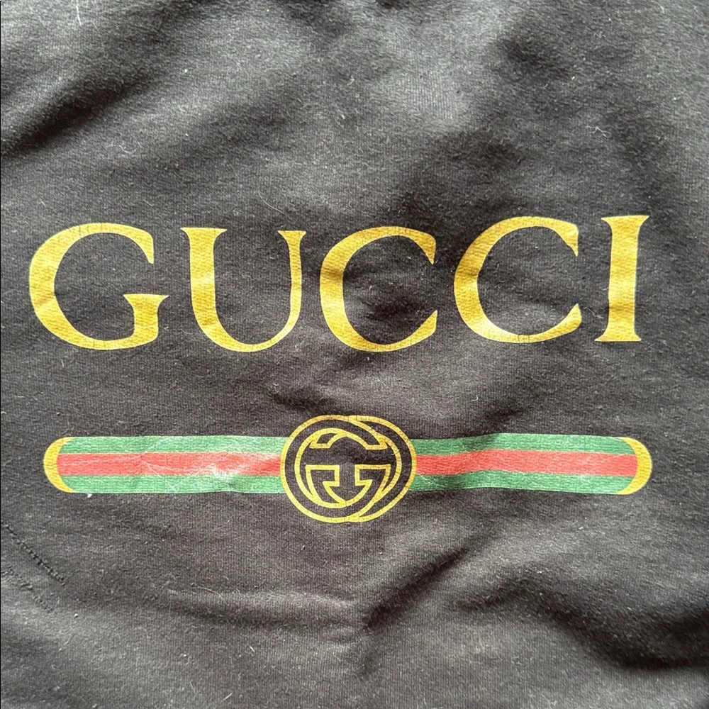 Black Crewneck Sweater with Gold Logo and Green-Red Stripe - Picture 2 of 4